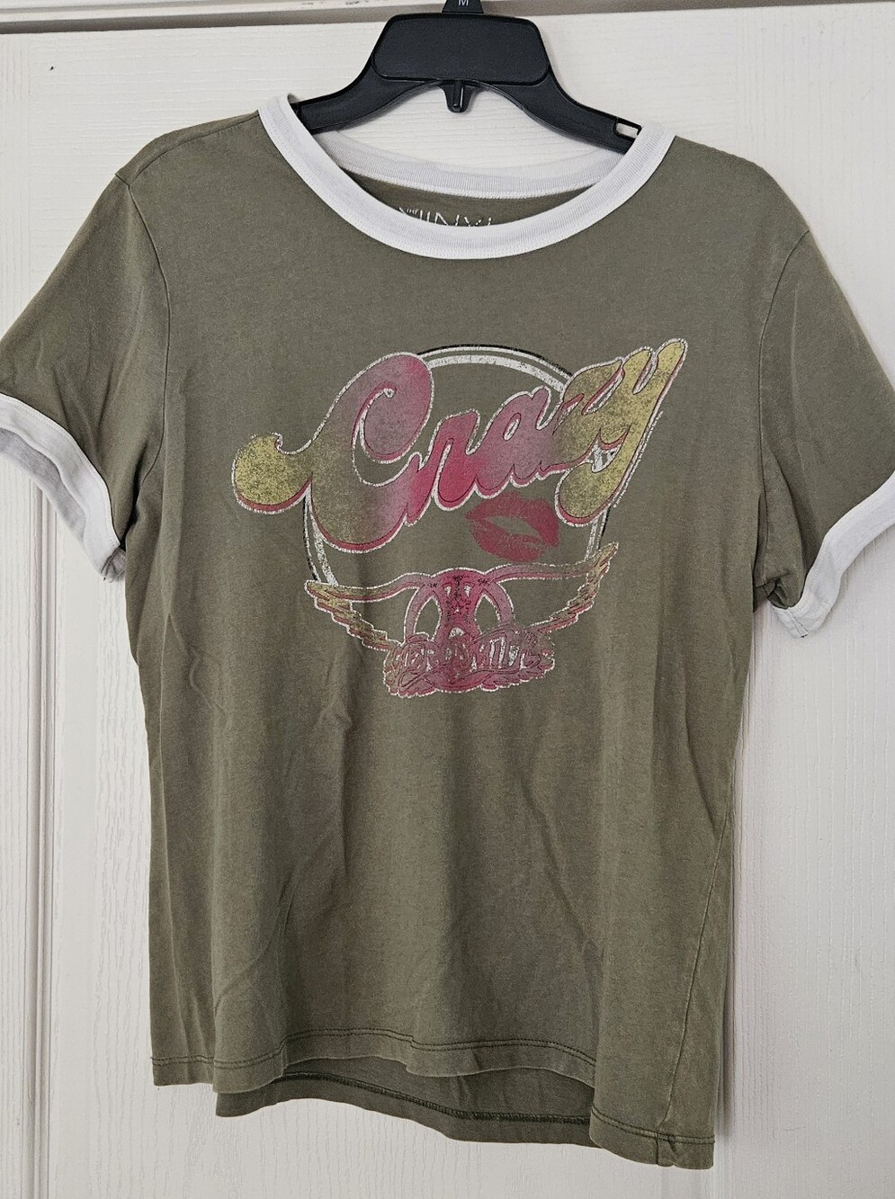 Aerosmith Olive Graphic Ringer Tee with White Trim Size L